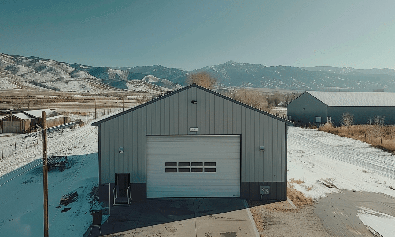 Expansive steel garage building in Ontario showcasing modern design and durability for vehicle storage and workshop needs.