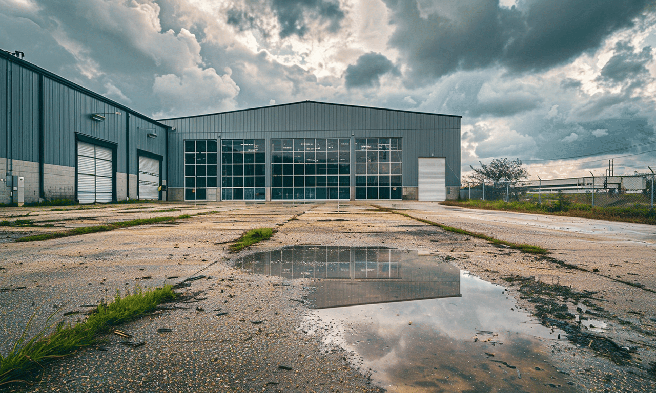 Gray steel warehouse with large glass windows located in Ontario, showcasing modern industrial architecture and design.