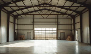 Interior view of an empty steel garage building in Ontario Canada showcasing industrial space with high ceilings and concrete floors.