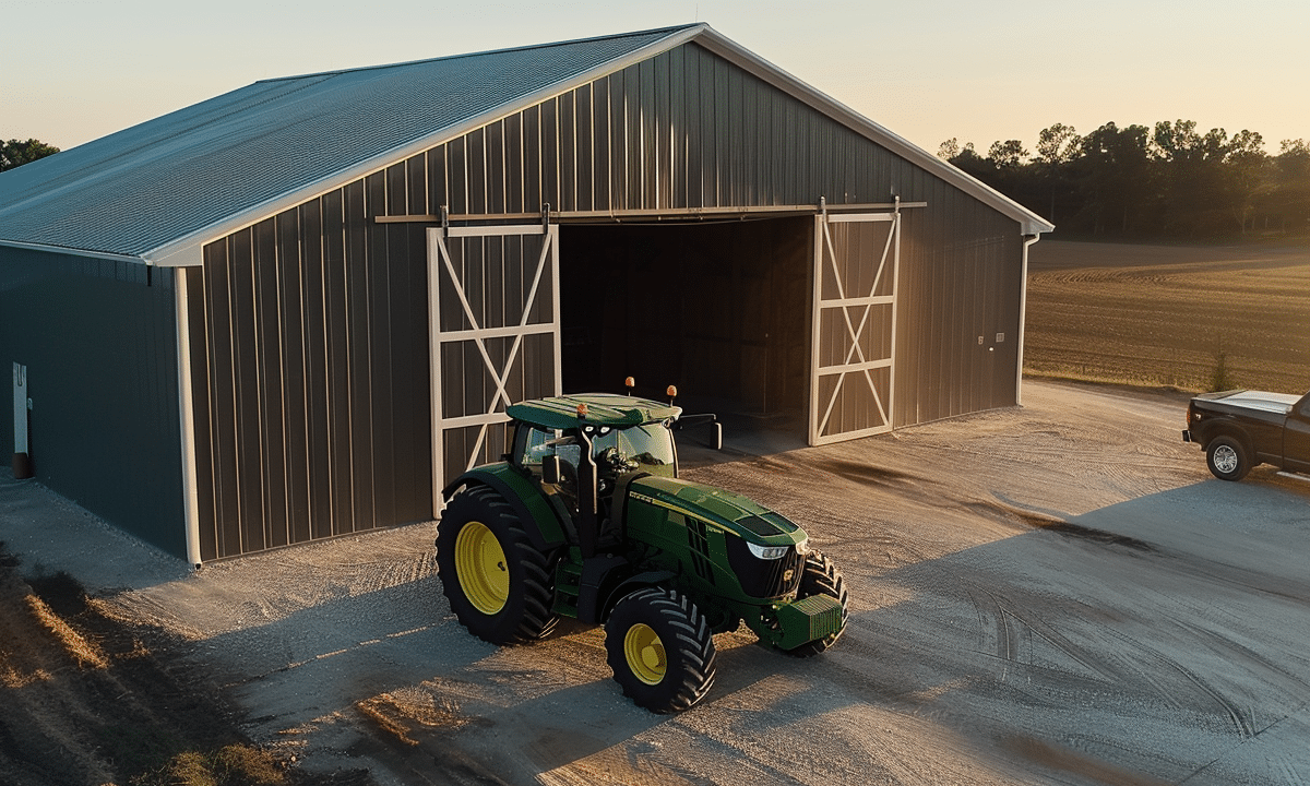 John Deere tractor parked near a steel building in Ontario showcasing agricultural equipment and industrial architecture.