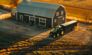 John Deere tractor working near steel buildings in rural Ontario, showcasing agricultural equipment in a farm setting.