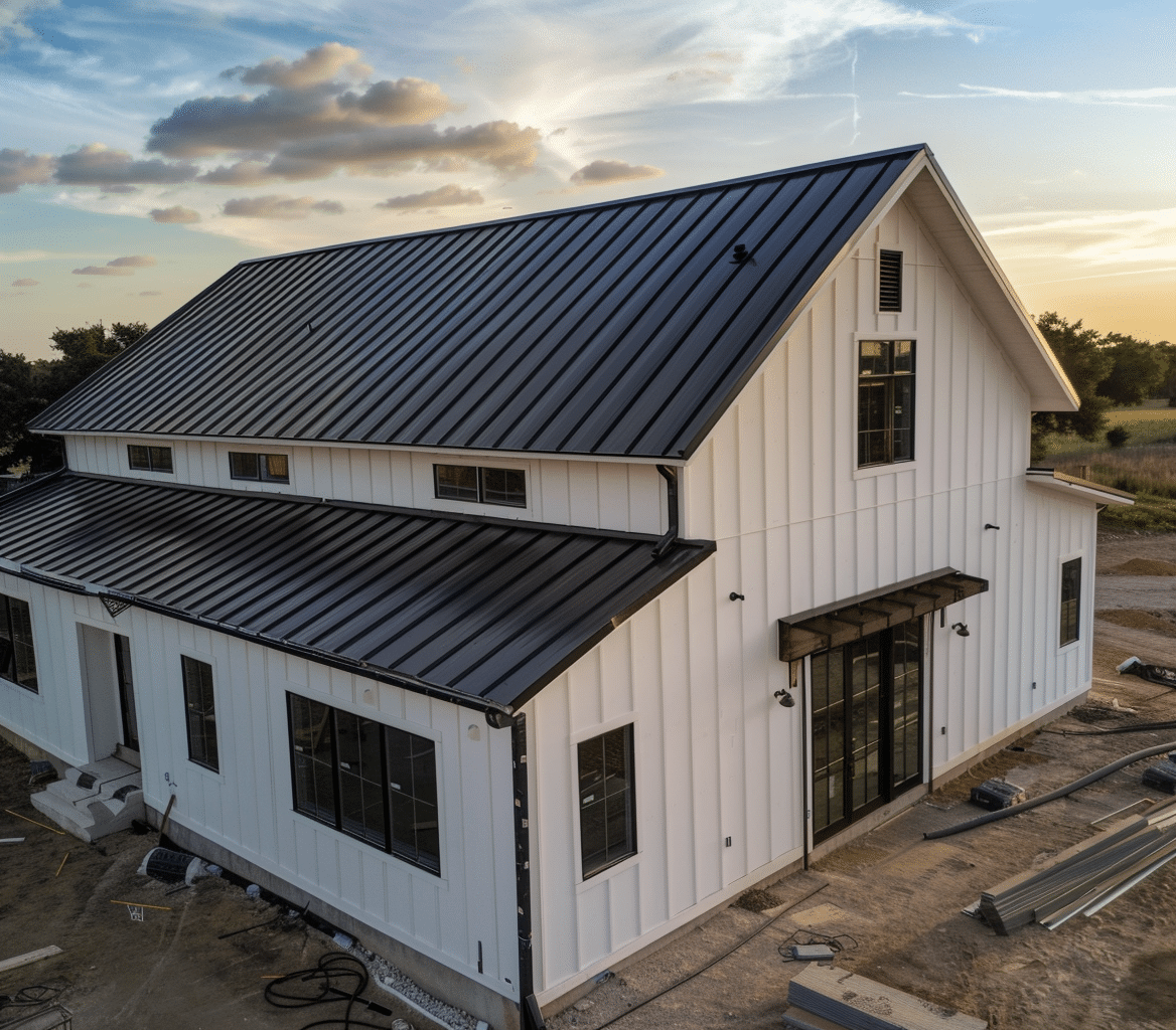 Modern steel building with a sleek black roof located in Ontario, showcasing contemporary architecture and durable design.