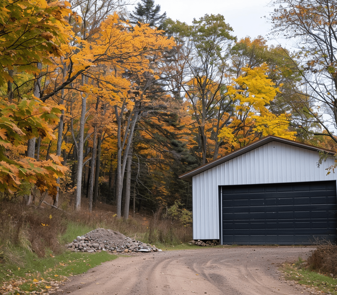 Modern steel garage structure in Ontario showcasing sleek design and durable materials for practical storage solutions.