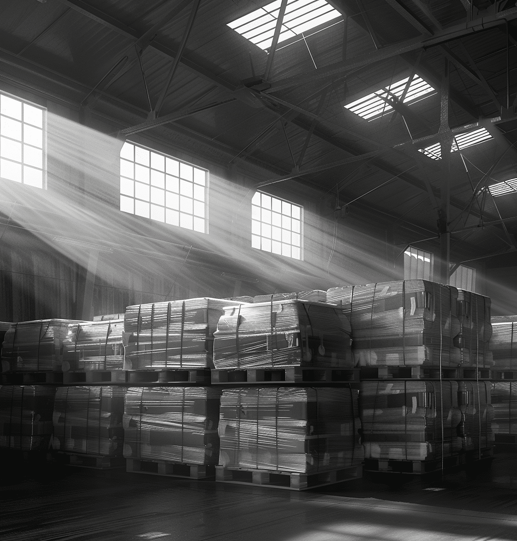 Monochrome interior view of Ontario steel storage showcasing organized steel materials and industrial design elements.