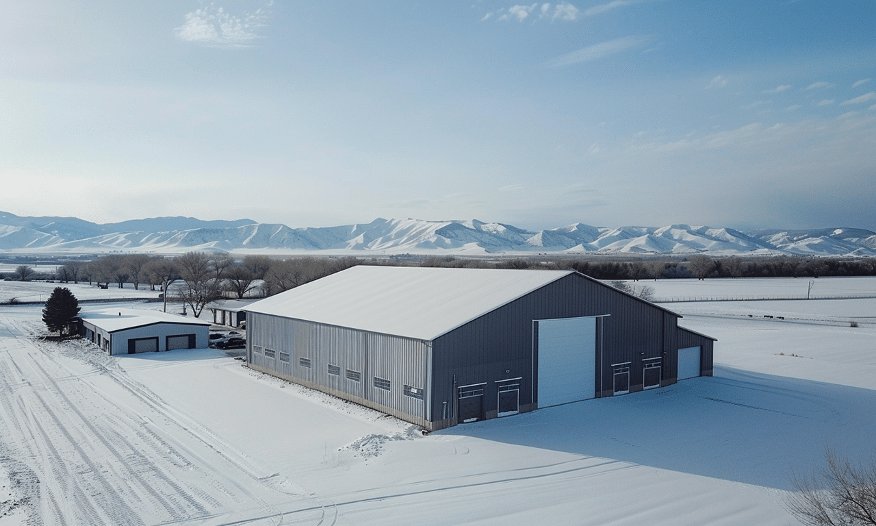 Steel barn with white accents in Ontario surrounded by greenery, showcasing a modern agricultural structure.