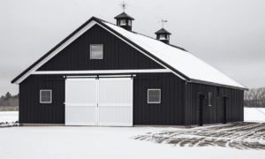 Steel barn with a white roof in Ontario surrounded by green fields, showcasing modern agricultural architecture.