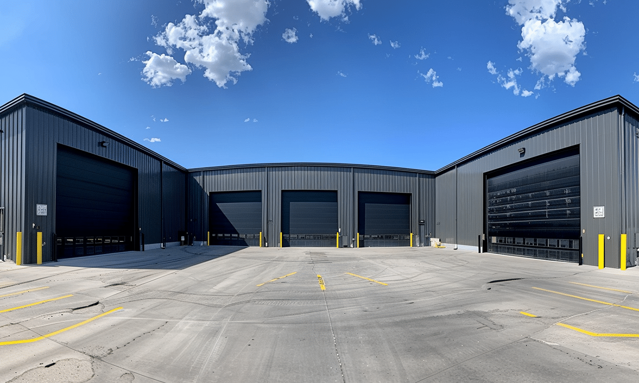 Wide angle view of a steel garage warehouse in Ontario showcasing its modern design and industrial architecture.