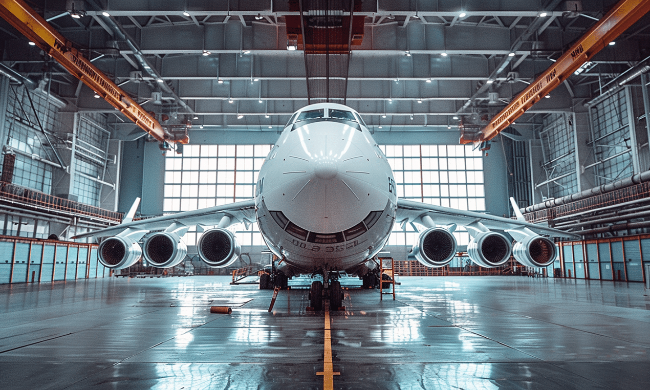 Wide-angle view of aircraft inside a Canadian steel hangar showcasing aviation industry and aircraft maintenance activities.