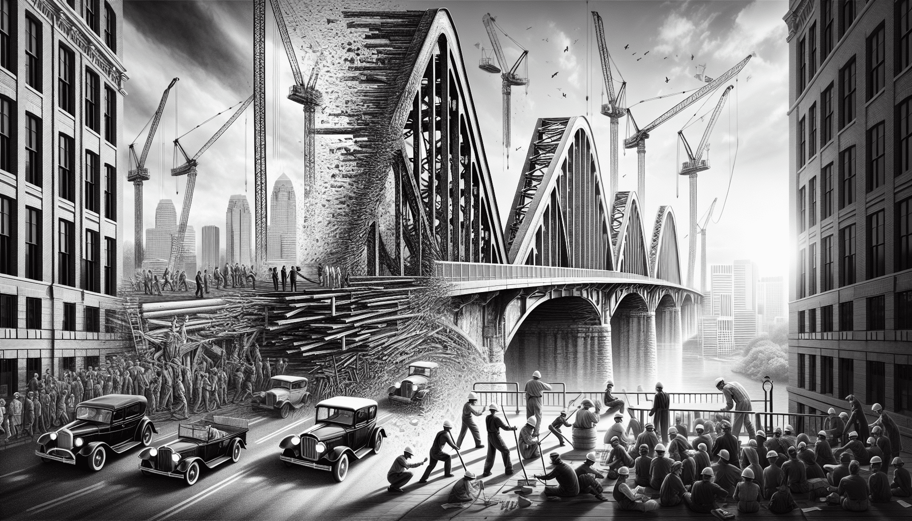 Illustration of the evolution of Arlington Bridge showcasing design changes and architectural progress over time.