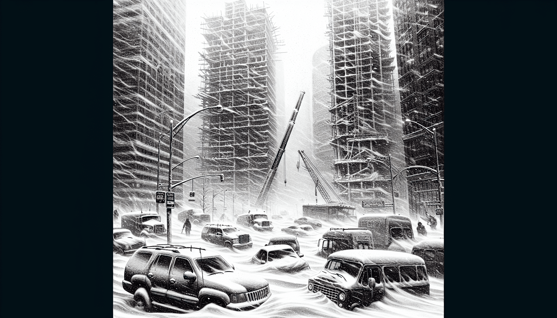 Snowstorm engulfing a bustling cityscape, showcasing the contrast between urban life and extreme winter weather conditions.