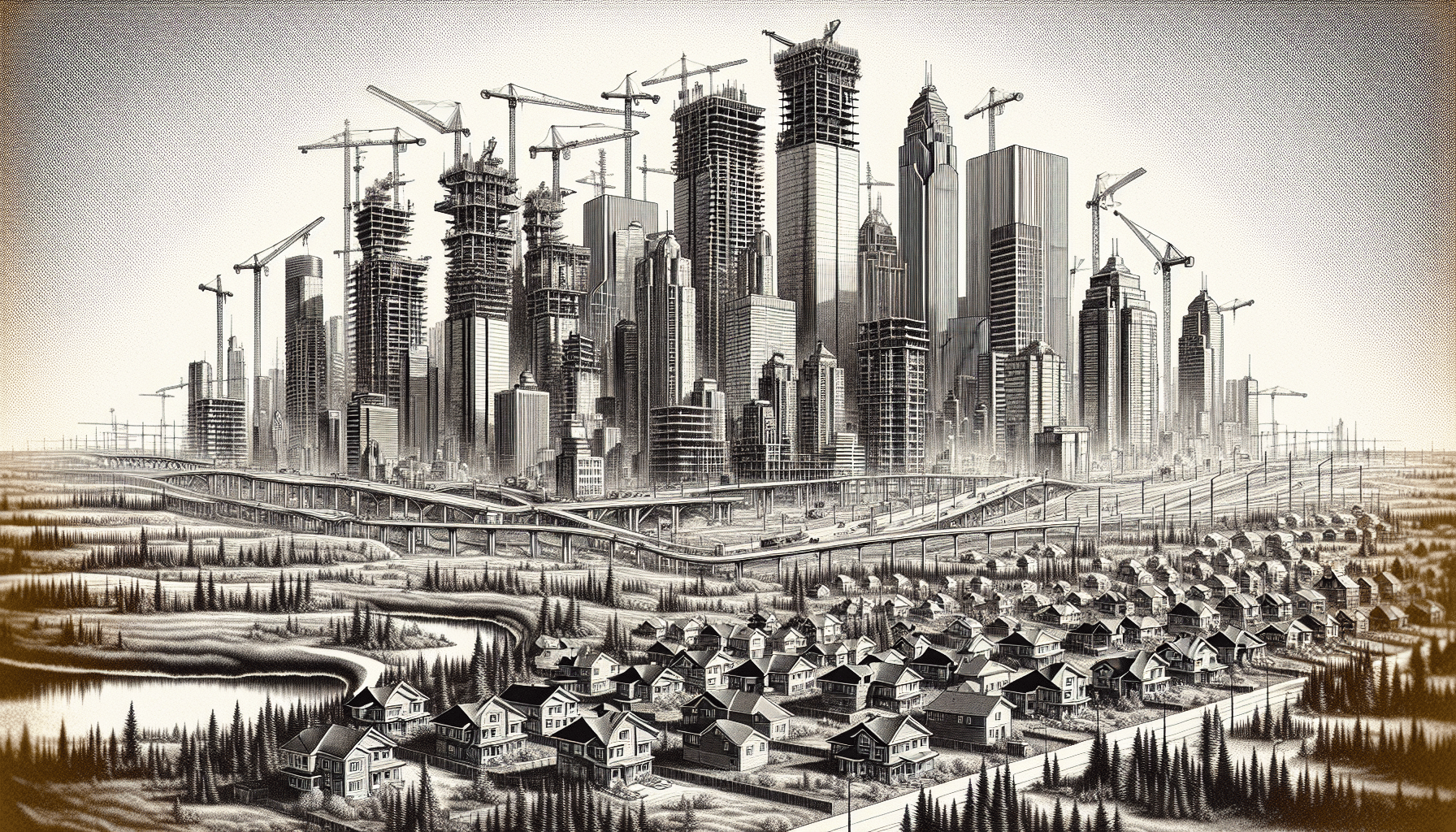 Edmonton skyline expansion artwork featuring modern buildings and cityscape against a vibrant sunset.