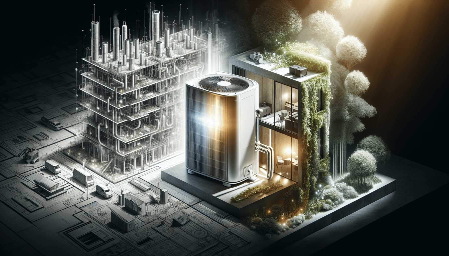 Heat pump integration scene showcasing energy-efficient systems for sustainable heating and cooling solutions in modern buildings.