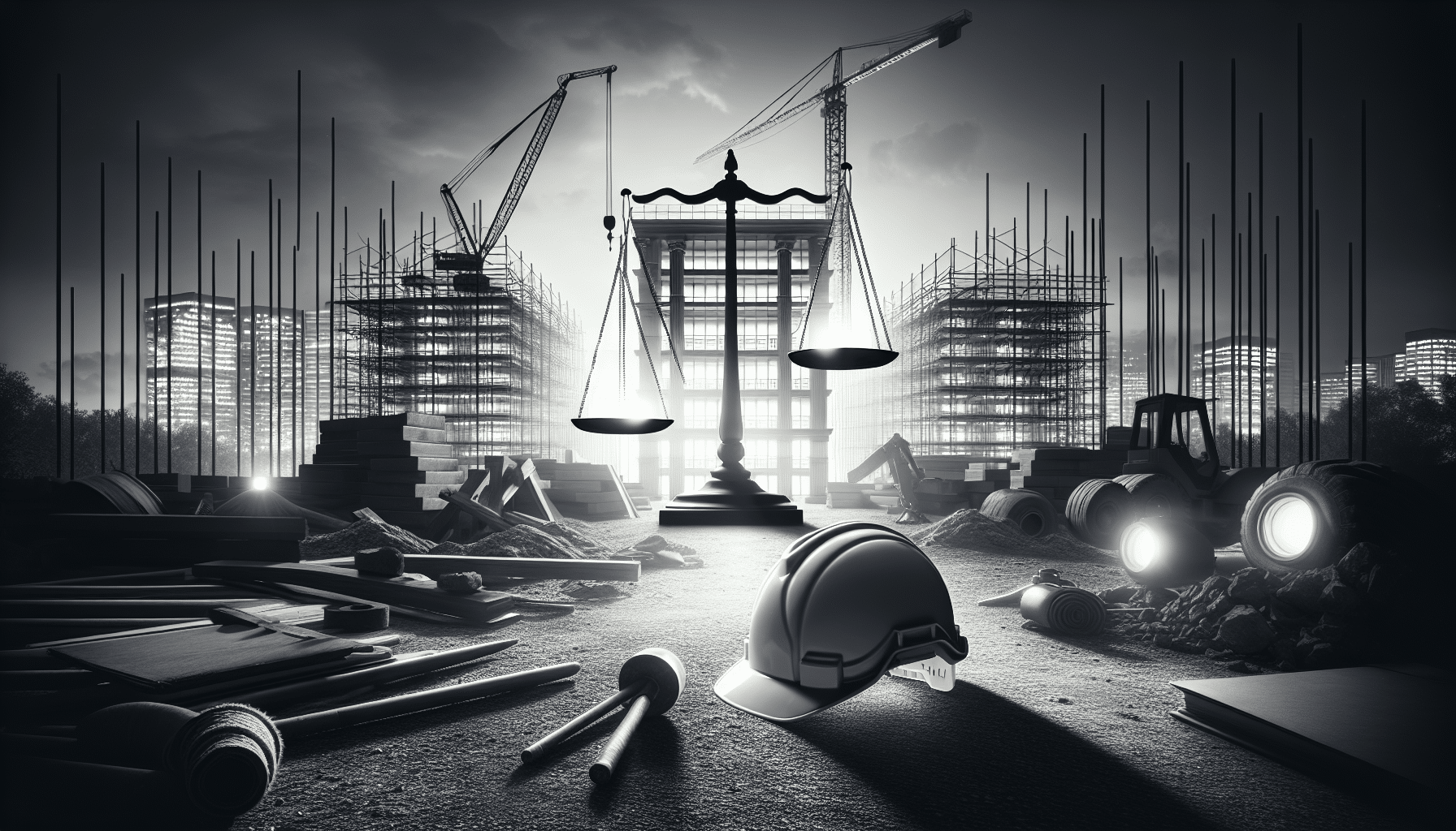 Construction site with workers demonstrating teamwork and safety measures, highlighting justice and equality in the workplace.