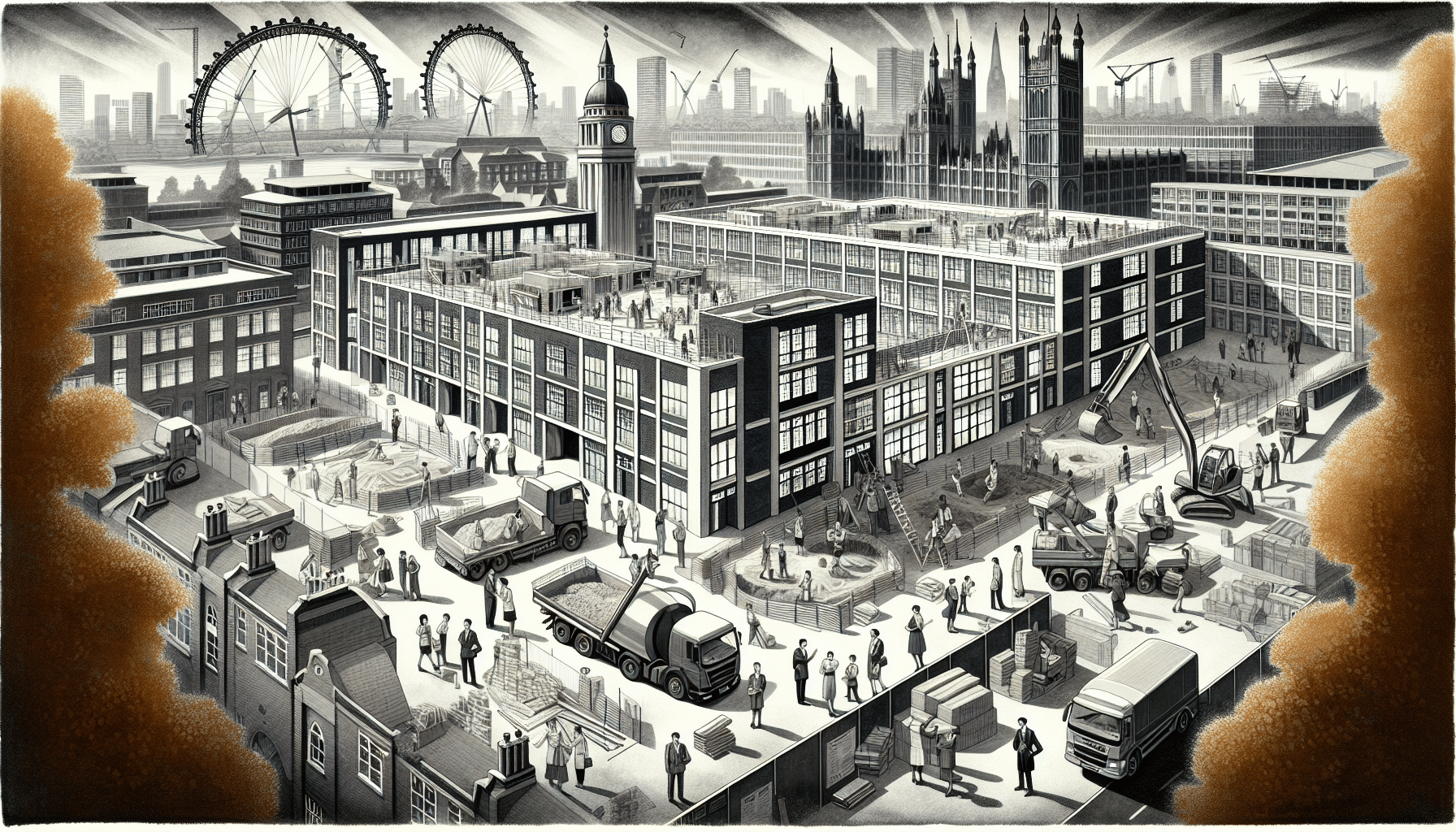 Construction sites in London showcasing the ongoing school building boom and urban development initiatives.