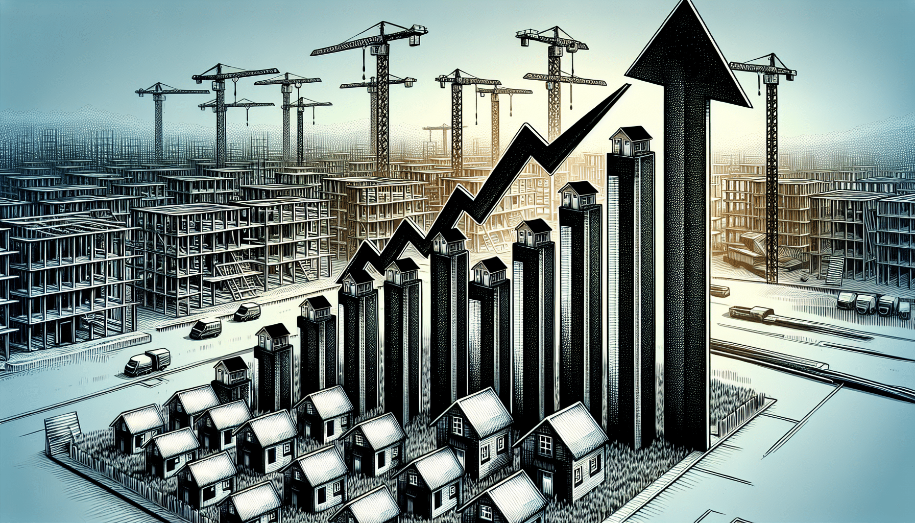 Graph showing rising trends in property and construction growth with upward arrows and construction imagery.