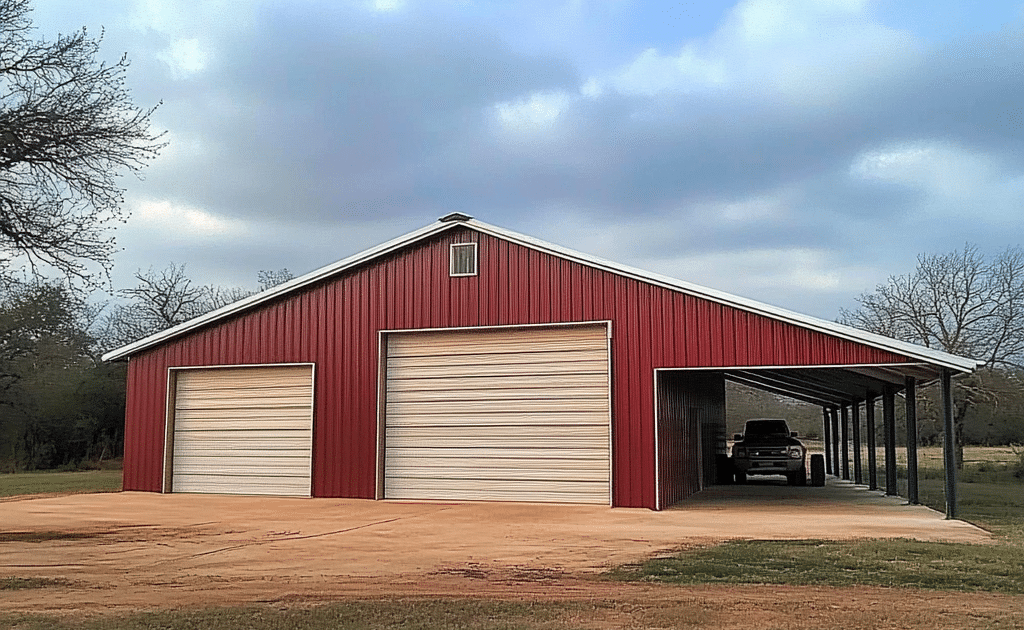 Charming barn with a spacious garage surrounded by greenery, perfect for storage and hobbies. Ideal rustic charm at its best.