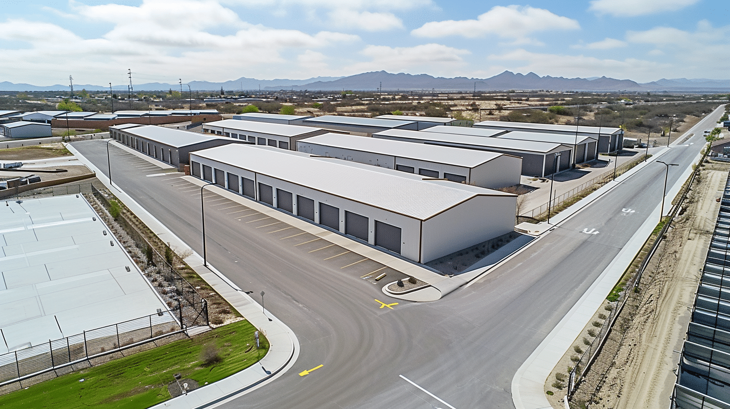 Modern self-storage facility with secure units, accessible loading areas, and clean, well-lit surroundings for safe storage.