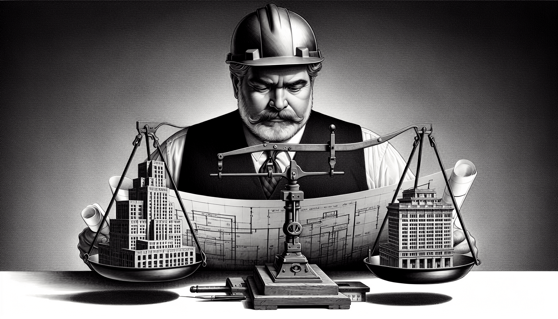 Illustration of Doug Ford managing construction projects, symbolizing balance in infrastructure planning and development strategy.