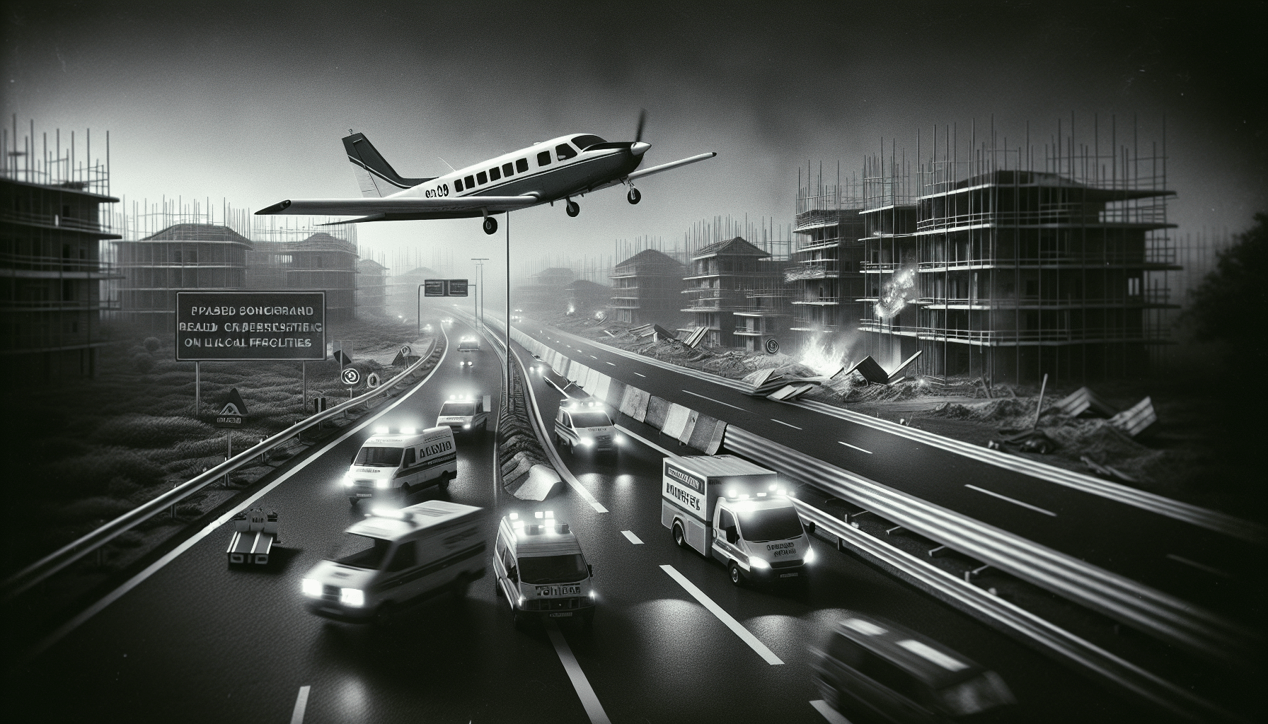 Emergency landing of a small airplane on a highway with cars and trees in the background, showcasing a critical aviation situation.