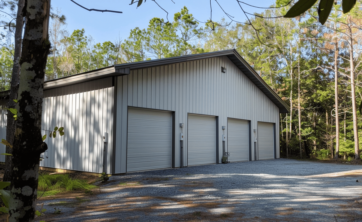 Garage exterior featuring stylish white doors and a clean, modern design, perfect for enhancing curb appeal.