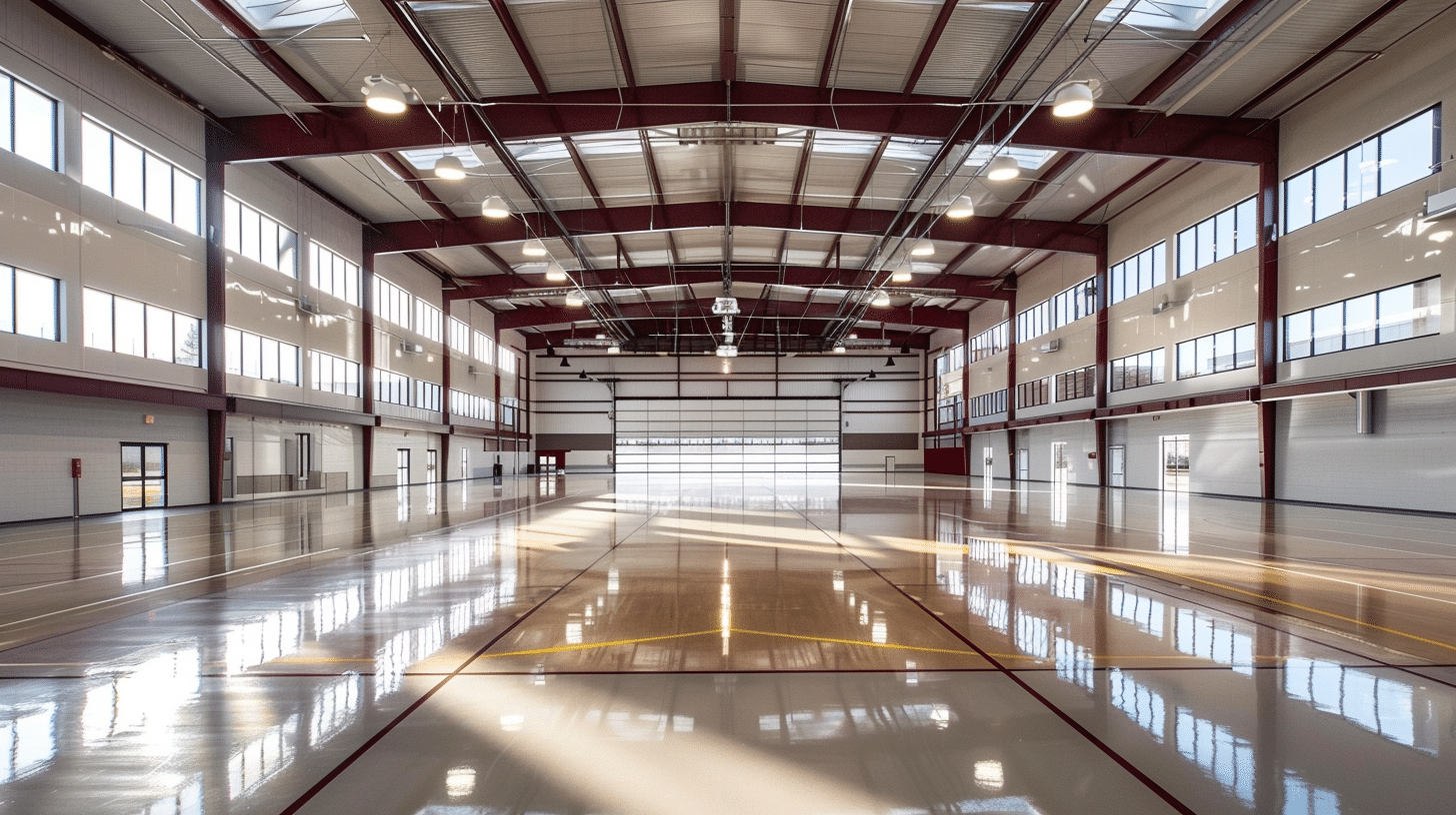 Indoor sports arena featuring a polished hardwood floor, designed for basketball and other athletic activities.