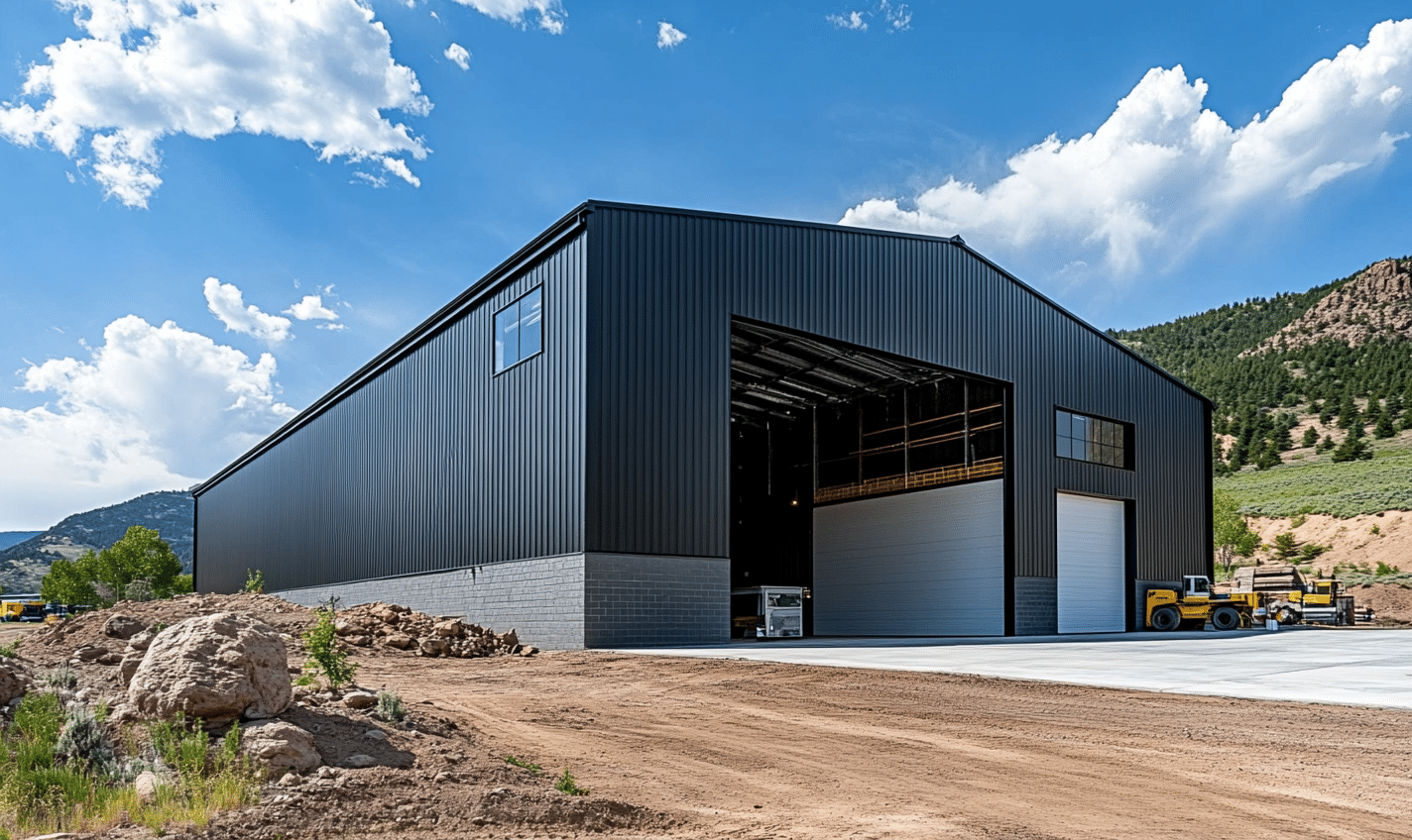 Industrial metal structure featuring an open entryway, showcasing robust design and contemporary architecture elements.