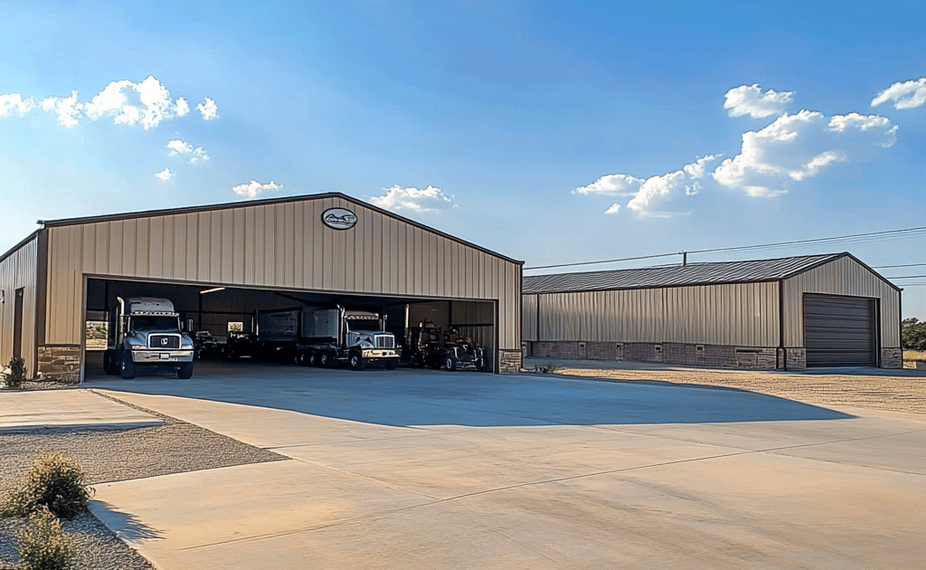 Large agricultural storage facility with trucks for efficient grain and crop transport in a rural setting.