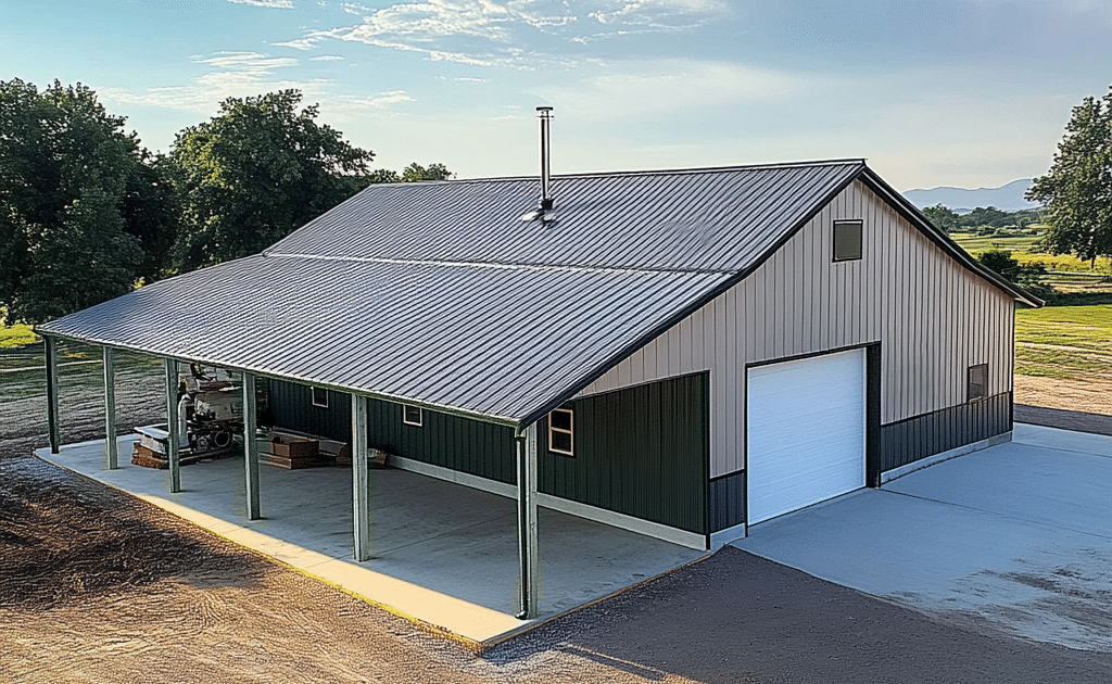 Modern agricultural building featuring latte-colored metal panels, designed for efficiency and sustainability in farming.