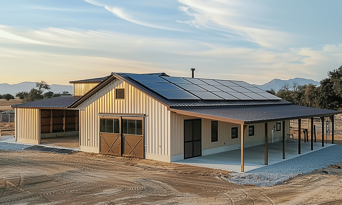 Sustainable equestrian facility featuring solar panels for renewable energy and eco-friendly horse care practices.