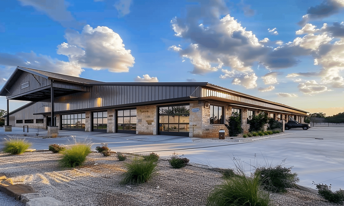 Texas Farm Service Center showing a modern metal building designed for agricultural storage and machinery maintenance.